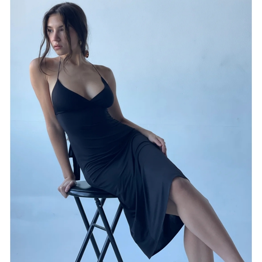 NWT Sexy! Bev Hills Enduring Kairos Atelier Black SlipDress Tie-Back Minimal
